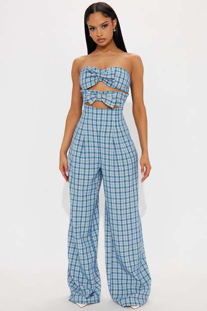 Wrapped And Ready Plaid Jumpsuit - Blue/combo