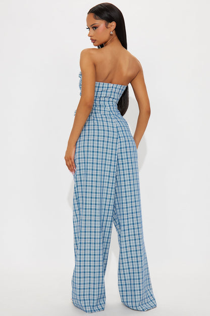 Wrapped And Ready Plaid Jumpsuit - Blue/combo