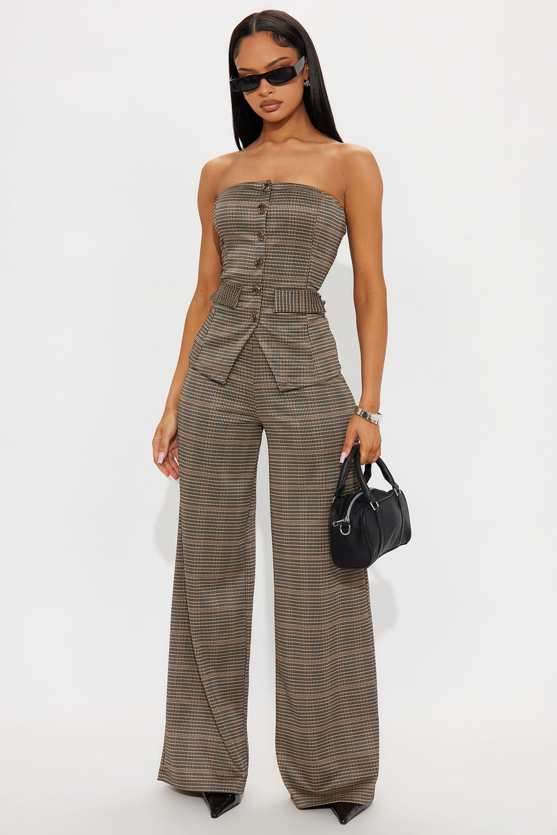 Cherylee Button Up Plaid Jumpsuit - Brown/combo