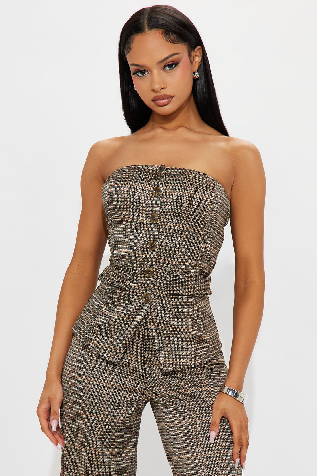 Cherylee Button Up Plaid Jumpsuit - Brown/combo