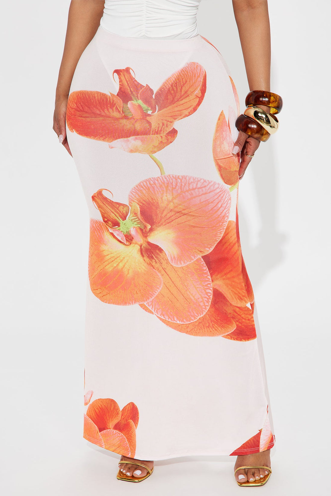 Liliana Floral Satin Maxi Skirt - Orange/combo