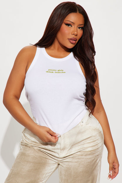 Pretty Girls Drink Matcha Ribbed Tank Top - White