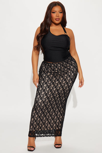 Victoria High Rise Lace Bodycon Maxi Skirt - Black