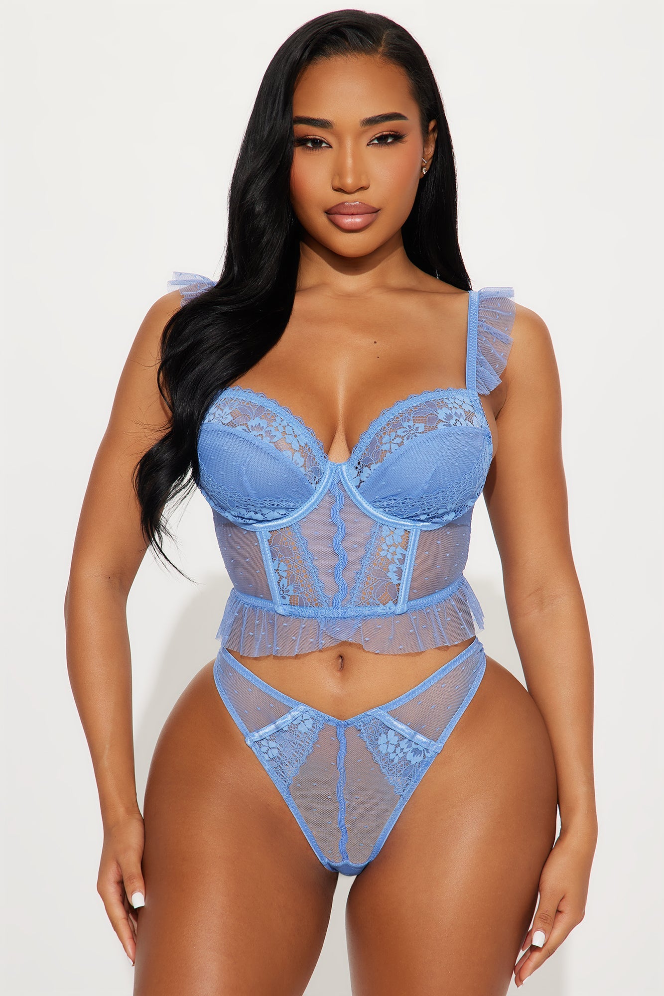 Forever Mine Mesh Bustier And Panty 2 Piece Set - Blue