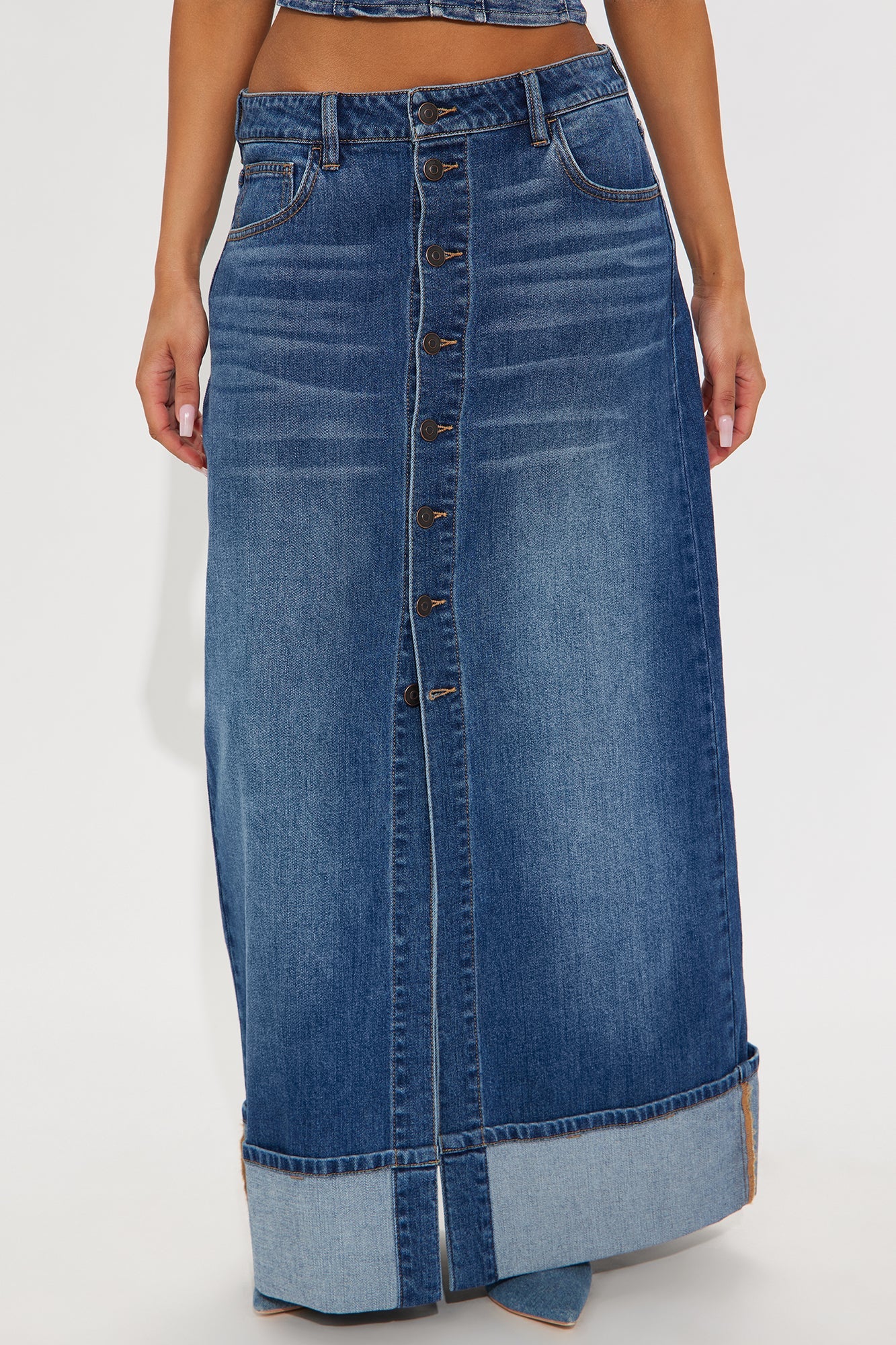 Loulou Mid Rise Denim Cuffed Hem Ankle Maxi Skirt - Medium Wash
