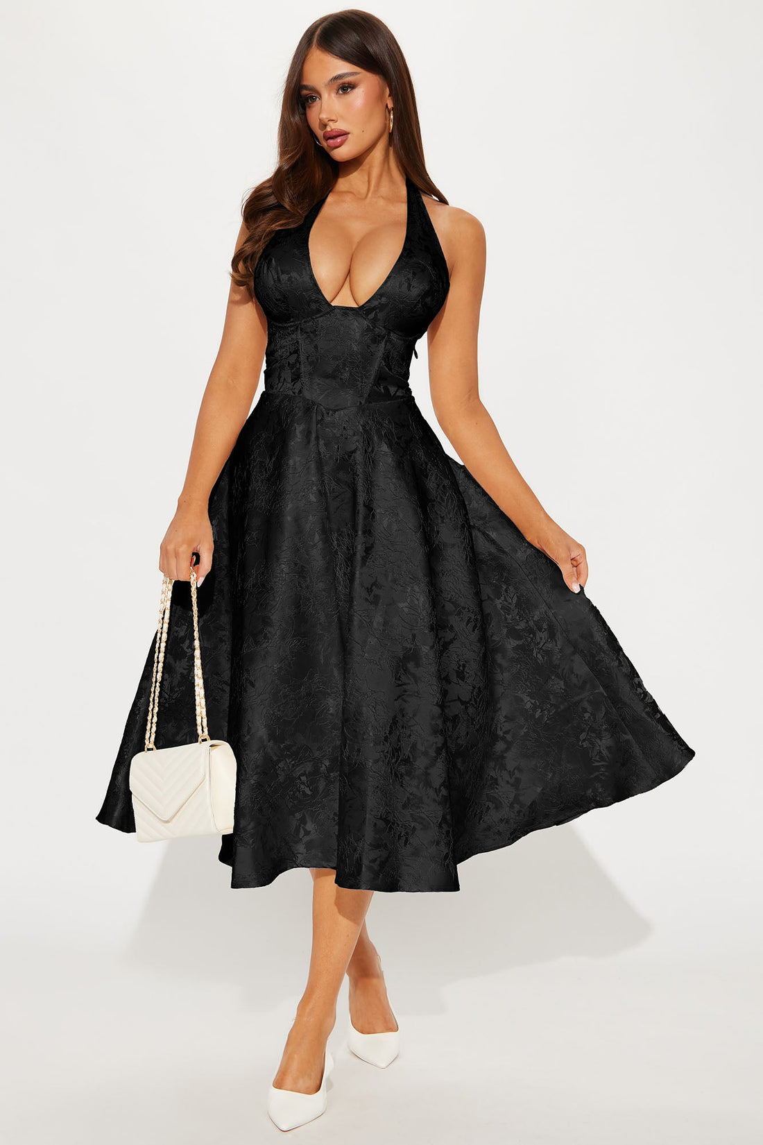 Ellington Jacquard Halter Midi Dress - Black