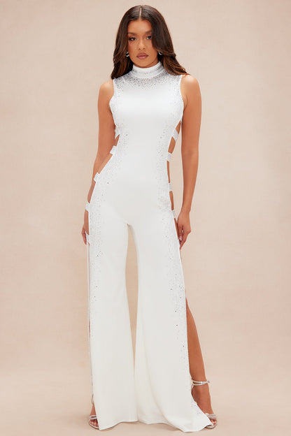 Heather Embellished Wide Leg Jumpsuit - White