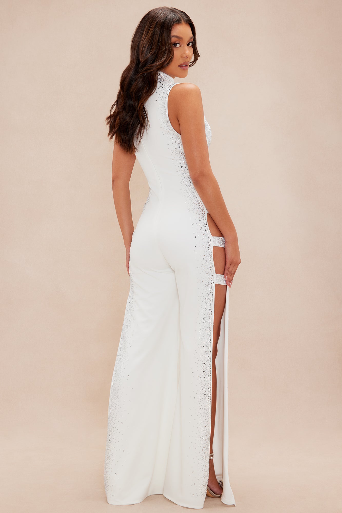 Heather Embellished Wide Leg Jumpsuit - White