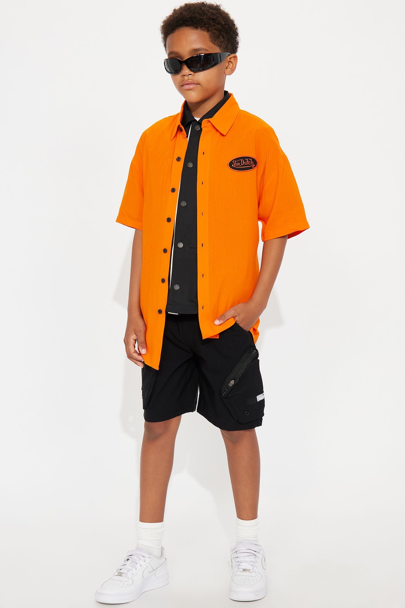 Mini Von Dutch Front And Back Graphic Short Sleeve Button Up Shirt - Orange