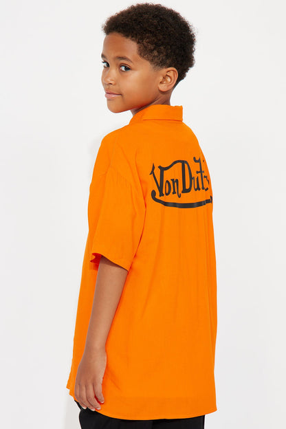 Mini Von Dutch Front And Back Graphic Short Sleeve Button Up Shirt - Orange