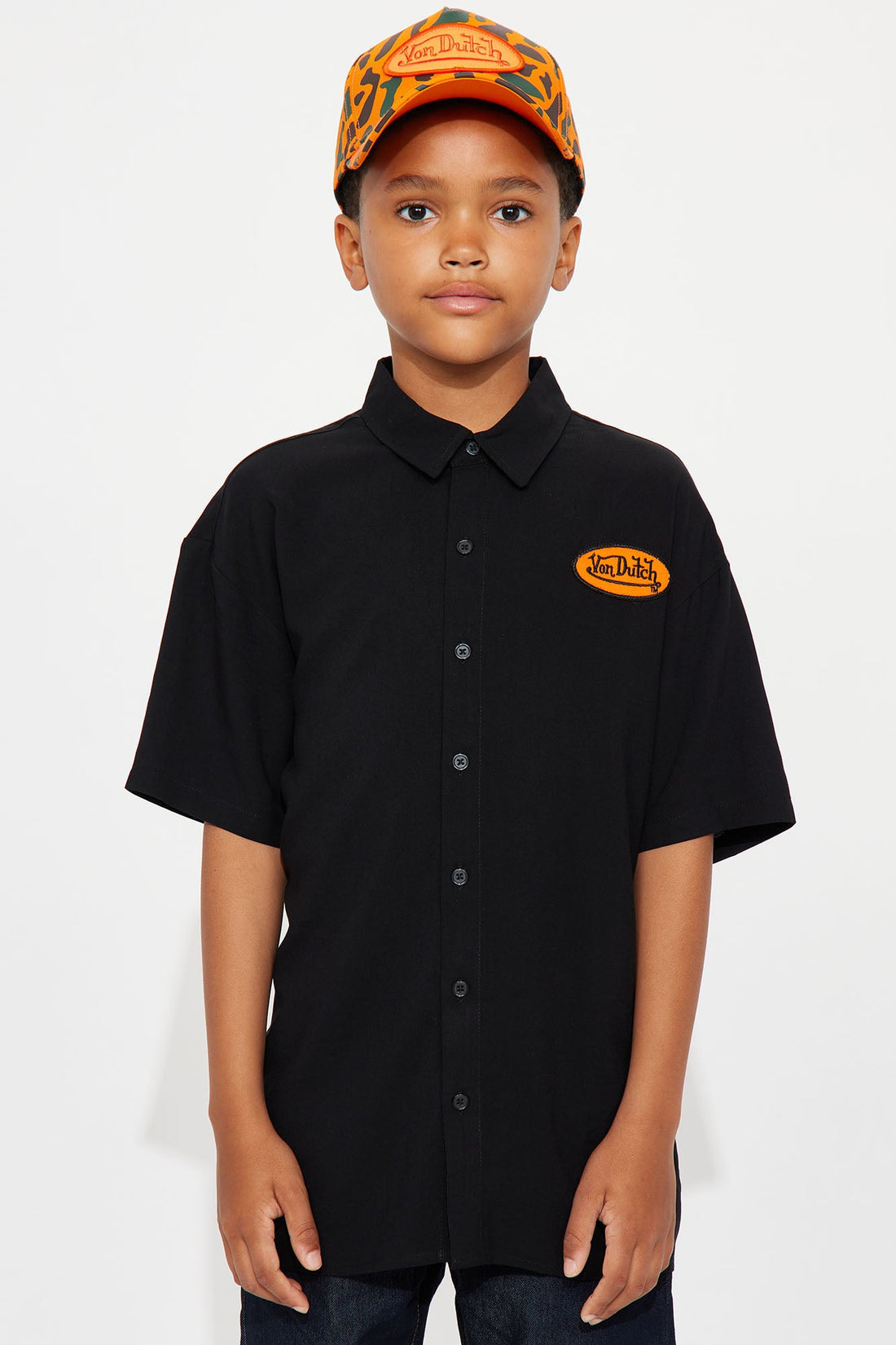 Mini Von Dutch Front And Back Graphic Short Sleeve Button Up Shirt - Black