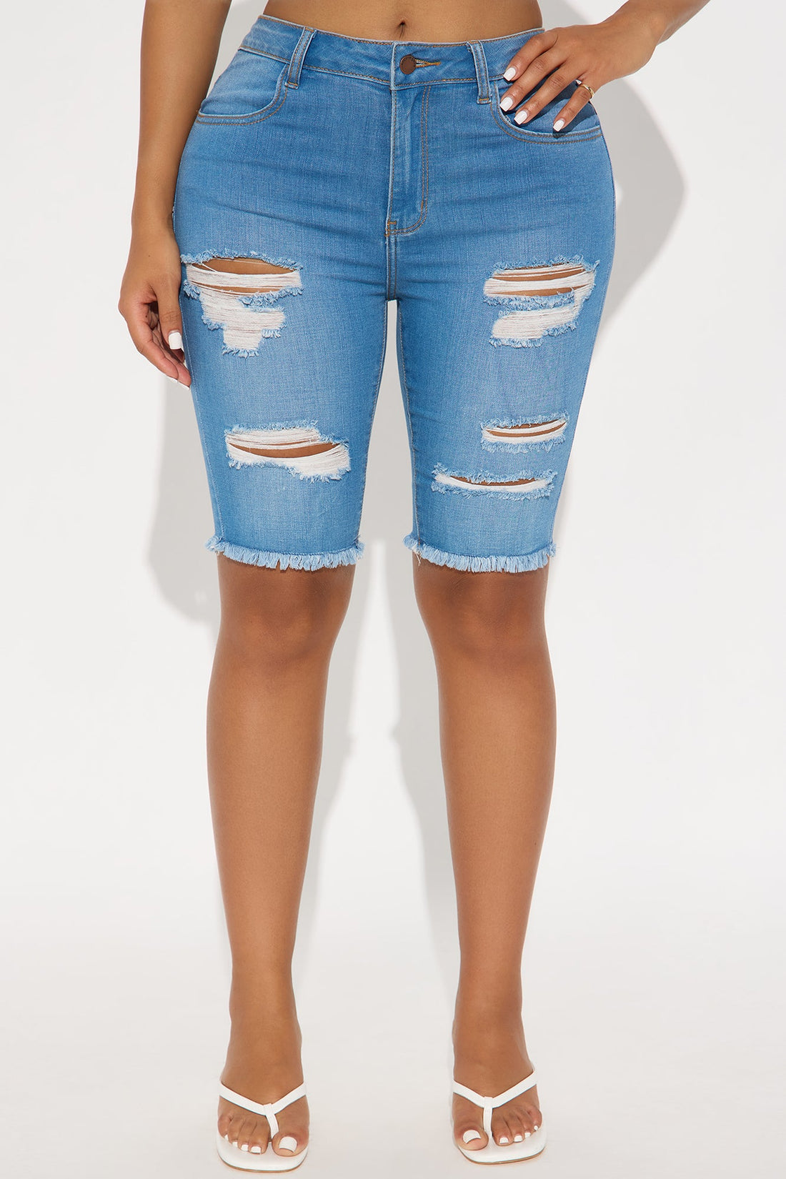 Live It Up Ripped Denim Bermuda Shorts - Medium Blue Wash