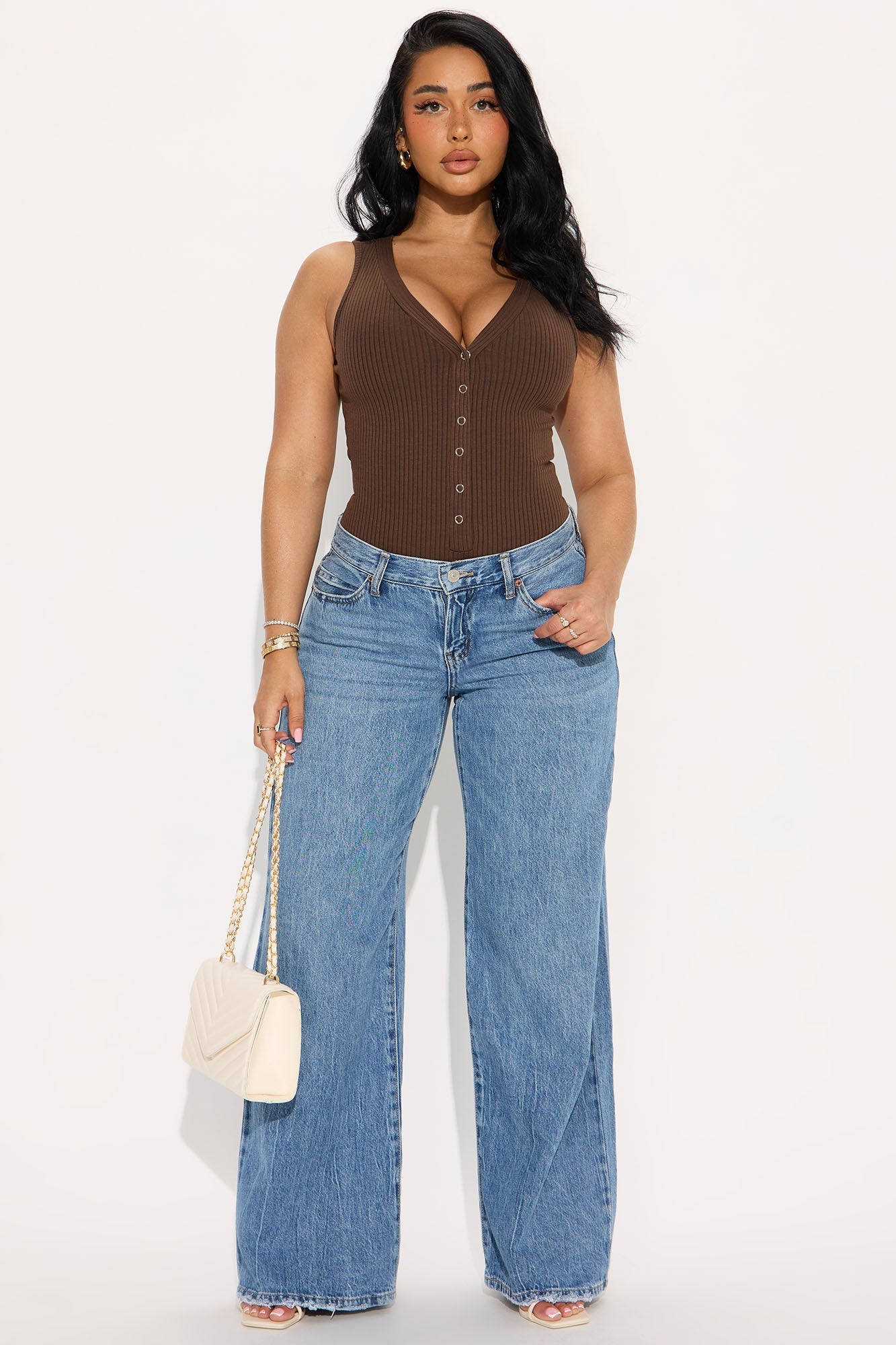 Set Free Deep V-Neck Bodysuit - Brown