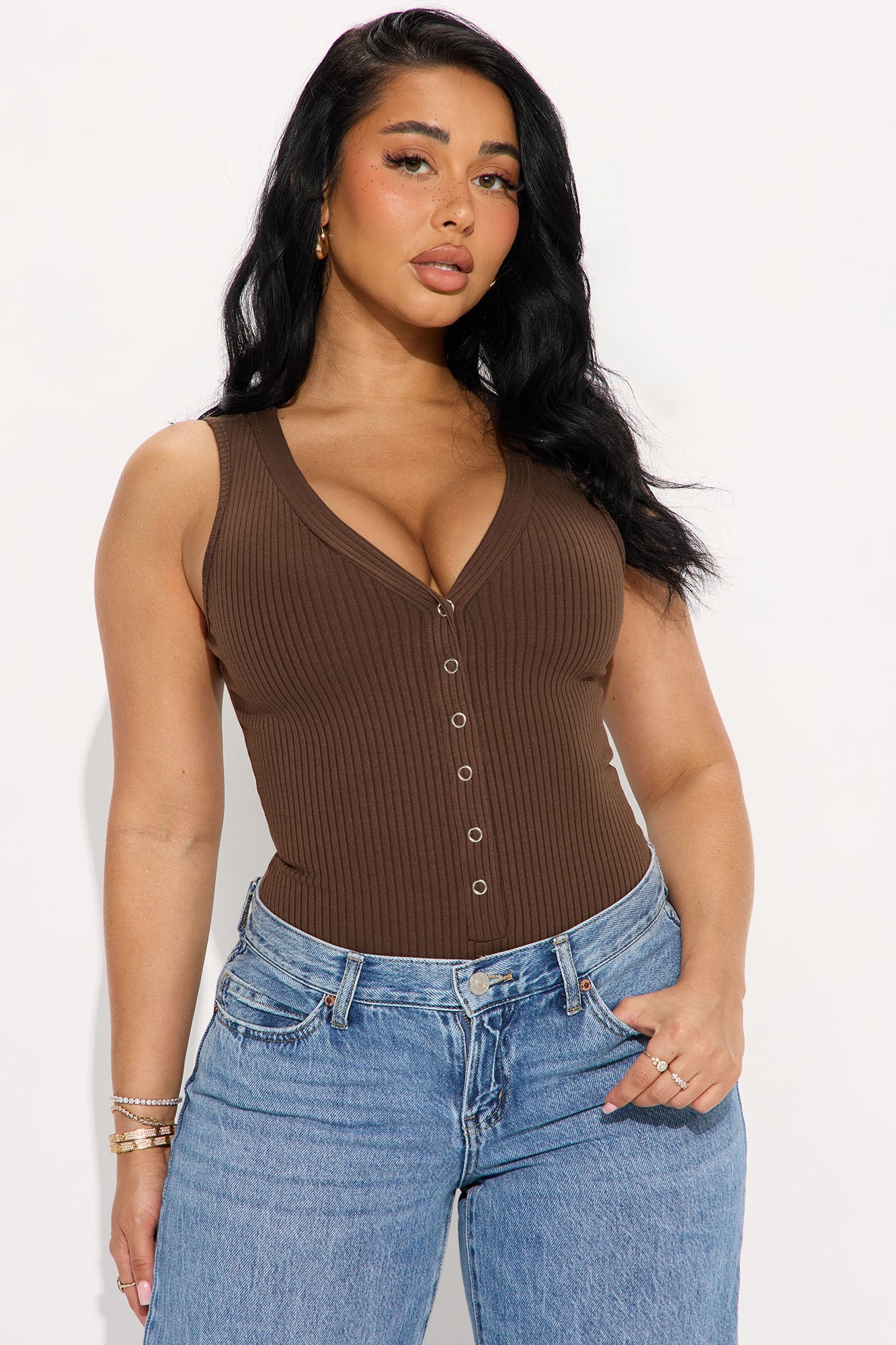 Set Free Deep V-Neck Bodysuit - Brown