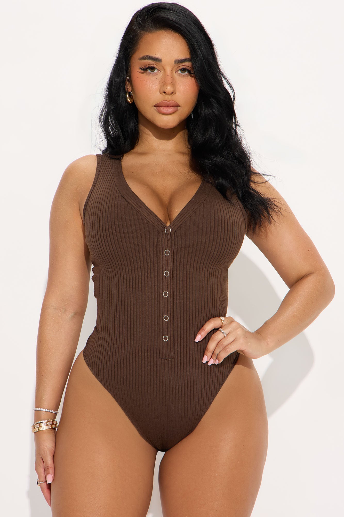 Set Free Deep V-Neck Bodysuit - Brown