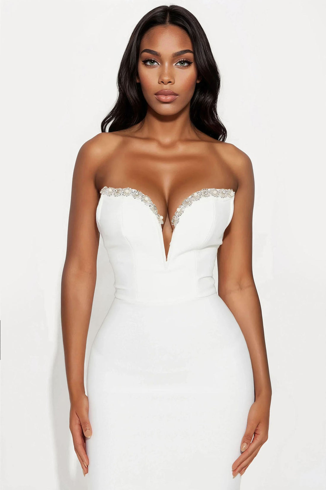 Best Dressed Rhinestone Bandage Midi Dress - White