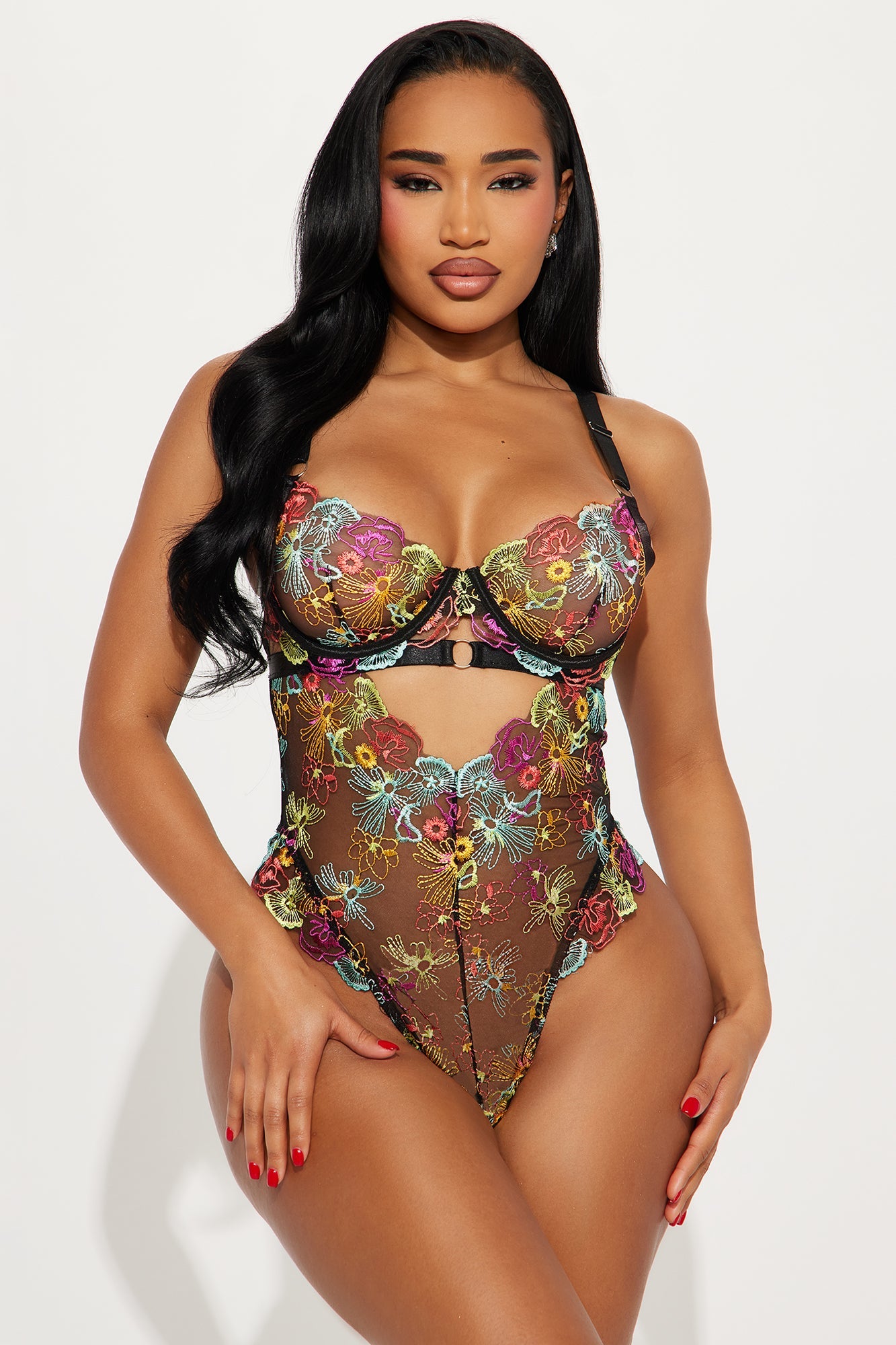 Yours Truly Embroidered Mesh Thong Teddy - Black/combo