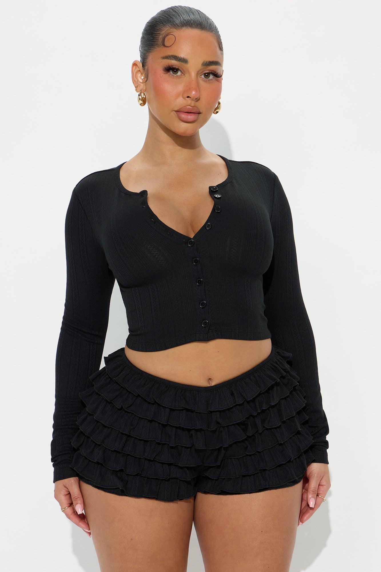 Oh So Cutesy Ruffle Short Set - Black