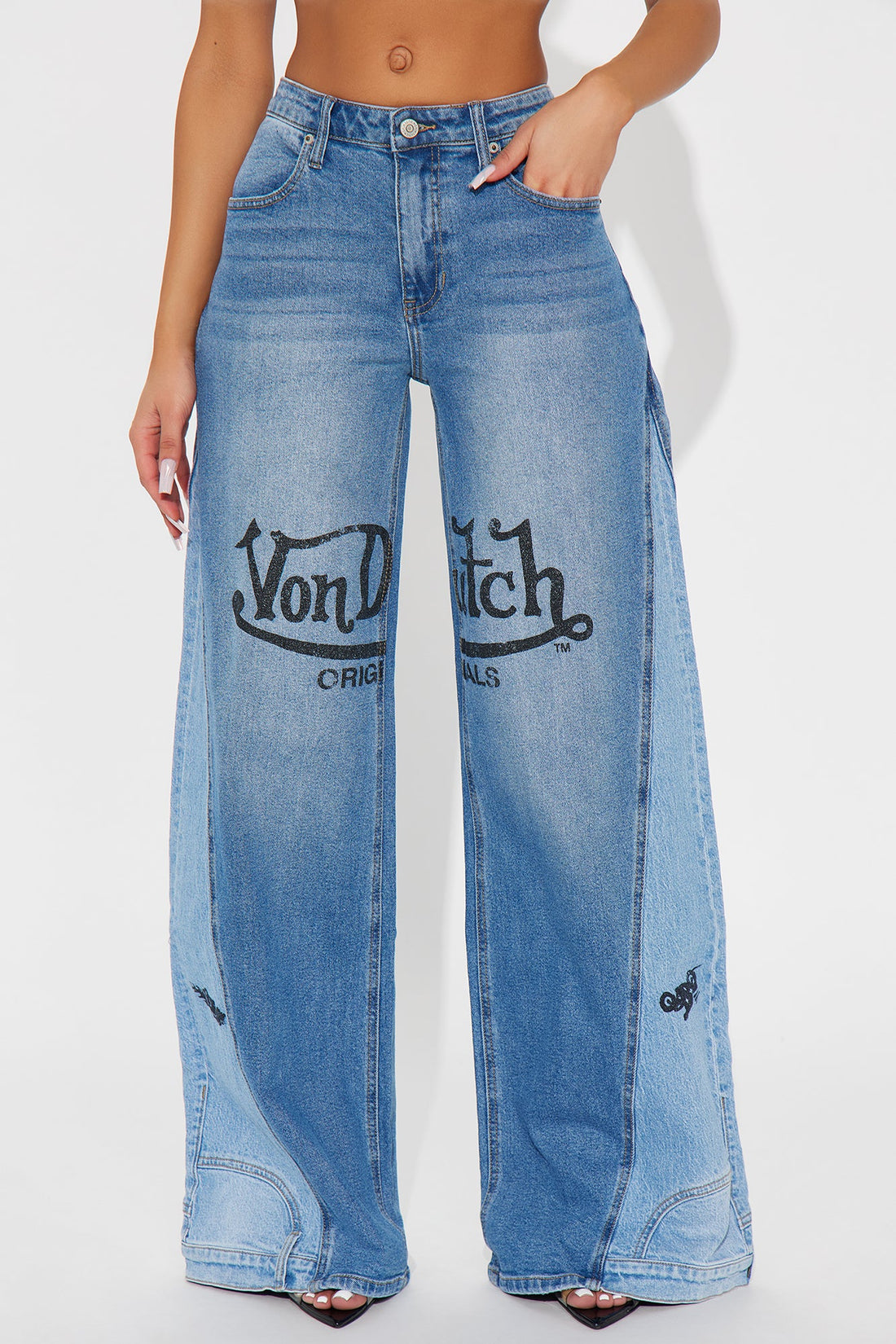 Von Dutch Two Tone Reconstructed Wide Leg Jeans - Medium Wash