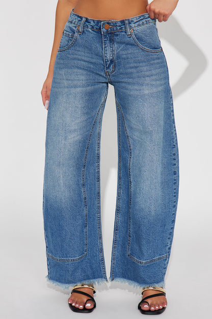 Kalinda Raw Hem Barrel Leg Jeans - Dark Wash