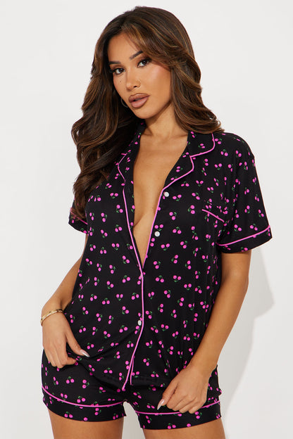 Sweeter Dreams Ribbed Short Sleeve PJ Short Set - Black/Pink