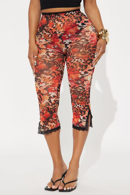 Fierce Look Leopard Mesh Capri Legging - Orange/combo