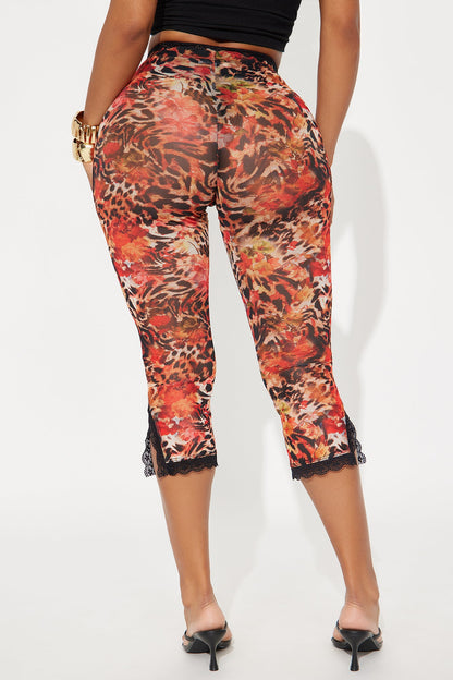 Fierce Look Leopard Mesh Capri Legging - Orange/combo
