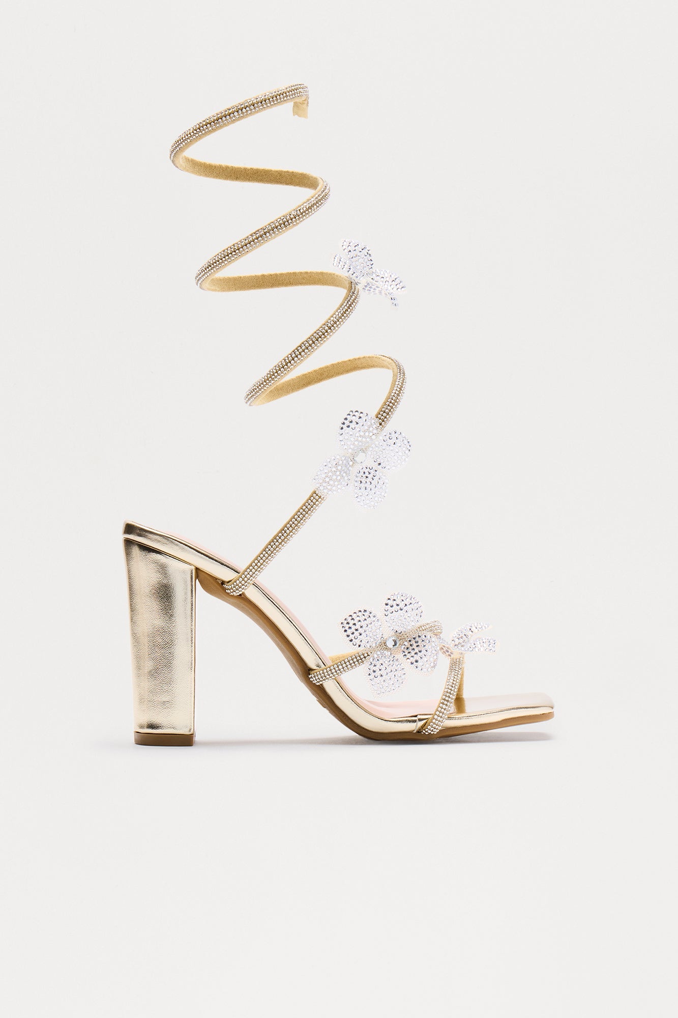 Celestial Rhinestone Flower Wrap Up Heels - Gold