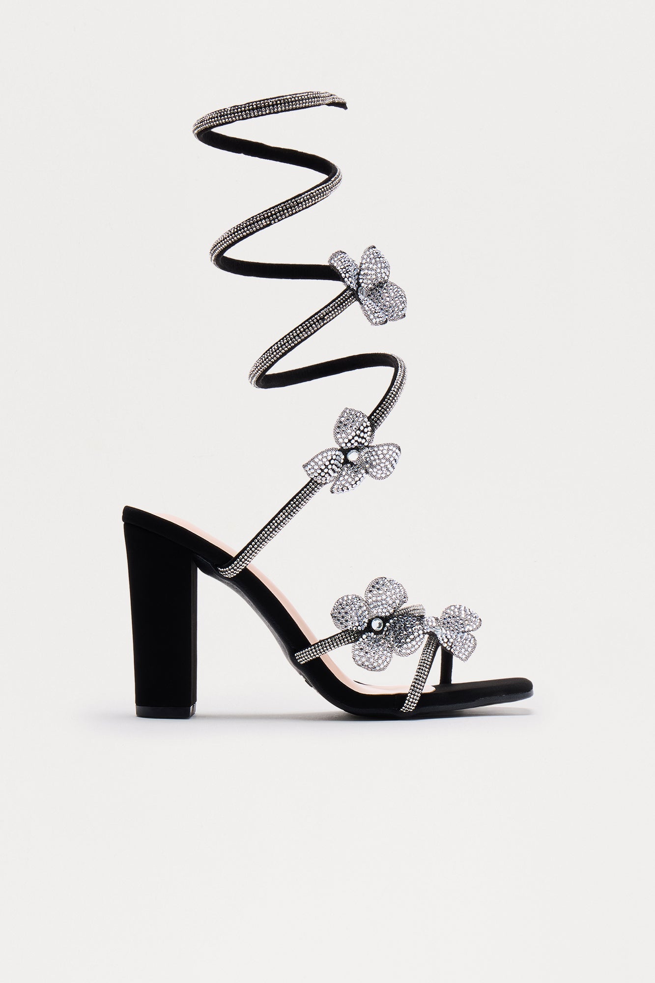Celestial Rhinestone Flower Wrap Up Heels - Black