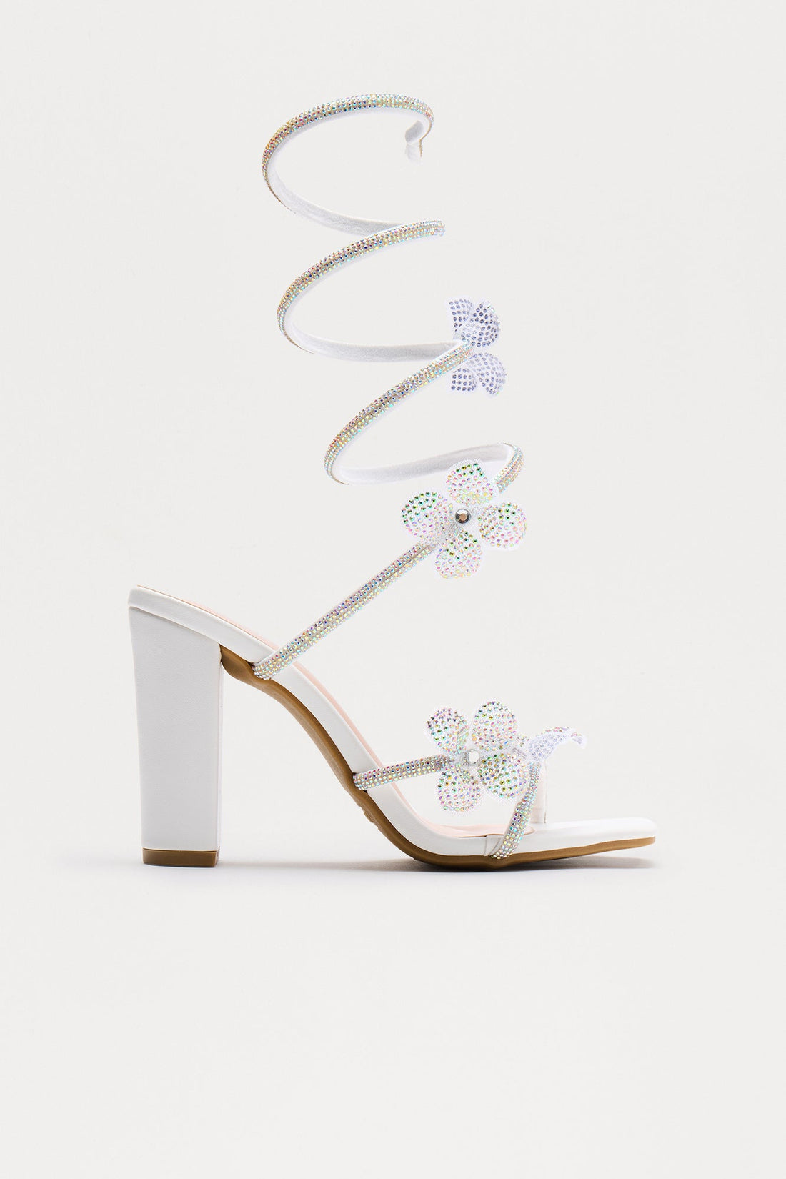 Celestial Rhinestone Flower Wrap Up Heels - White