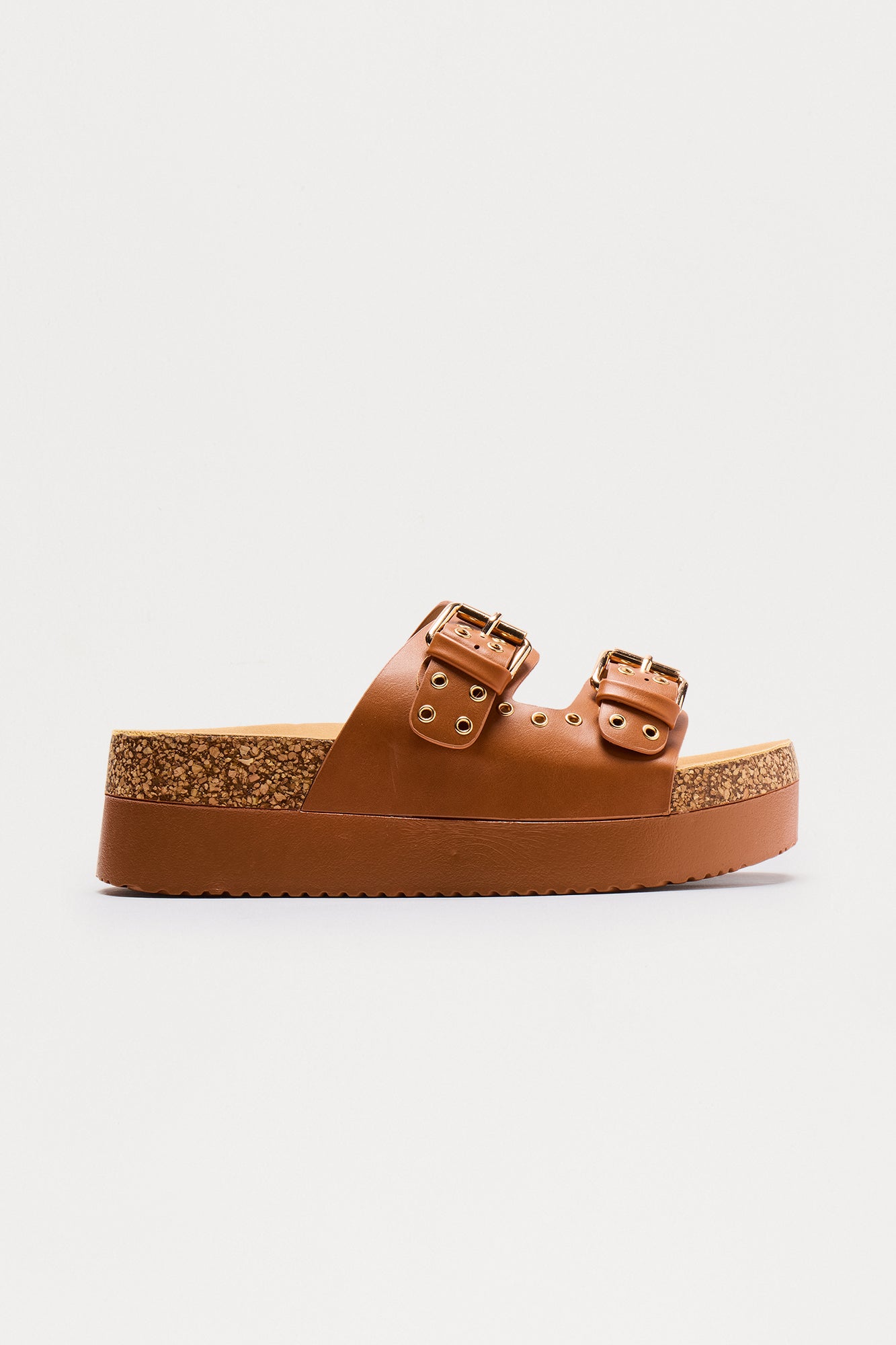 Gian Buckle Platform Slides - Tan