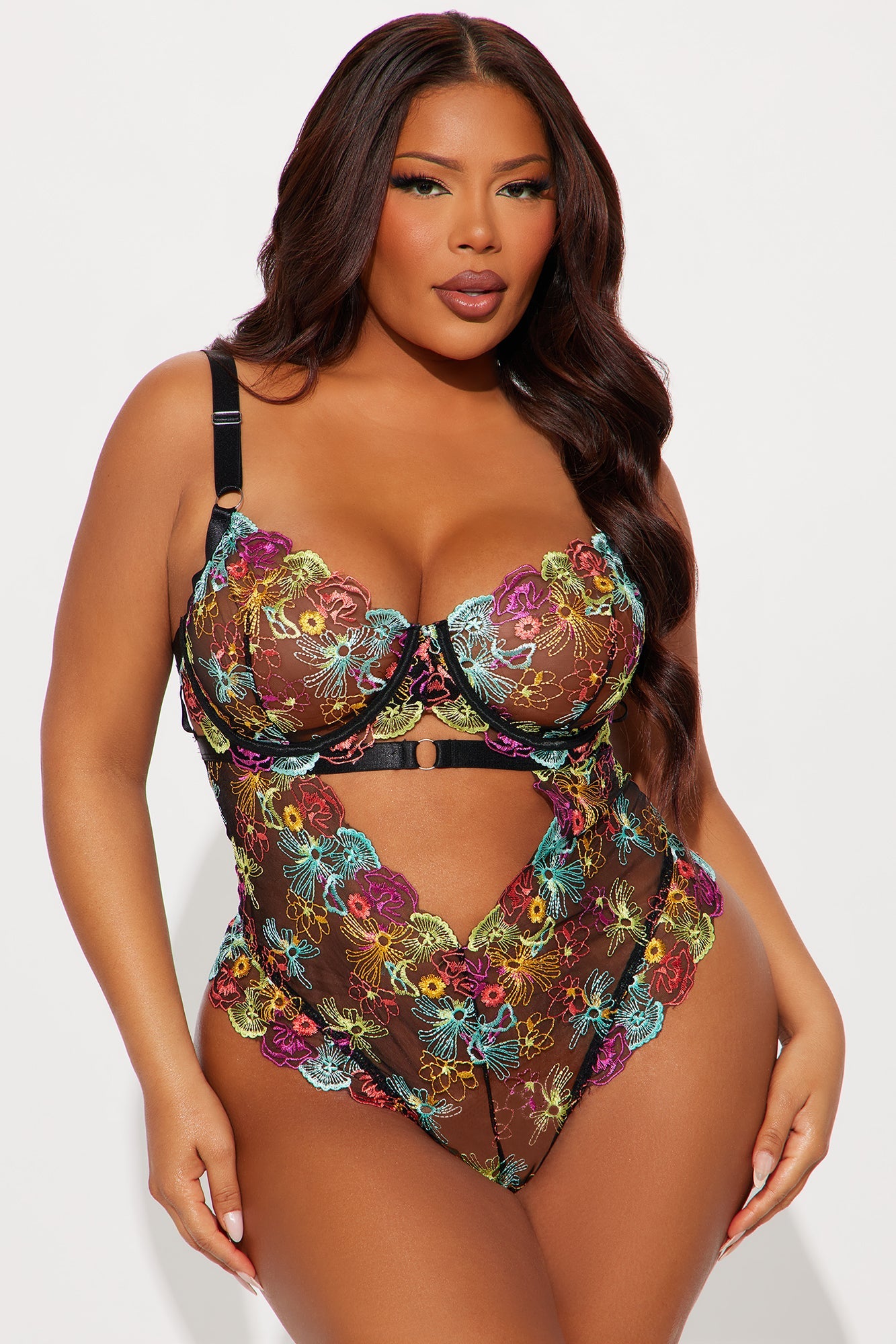 Yours Truly Embroidered Mesh Thong Teddy - Black/combo
