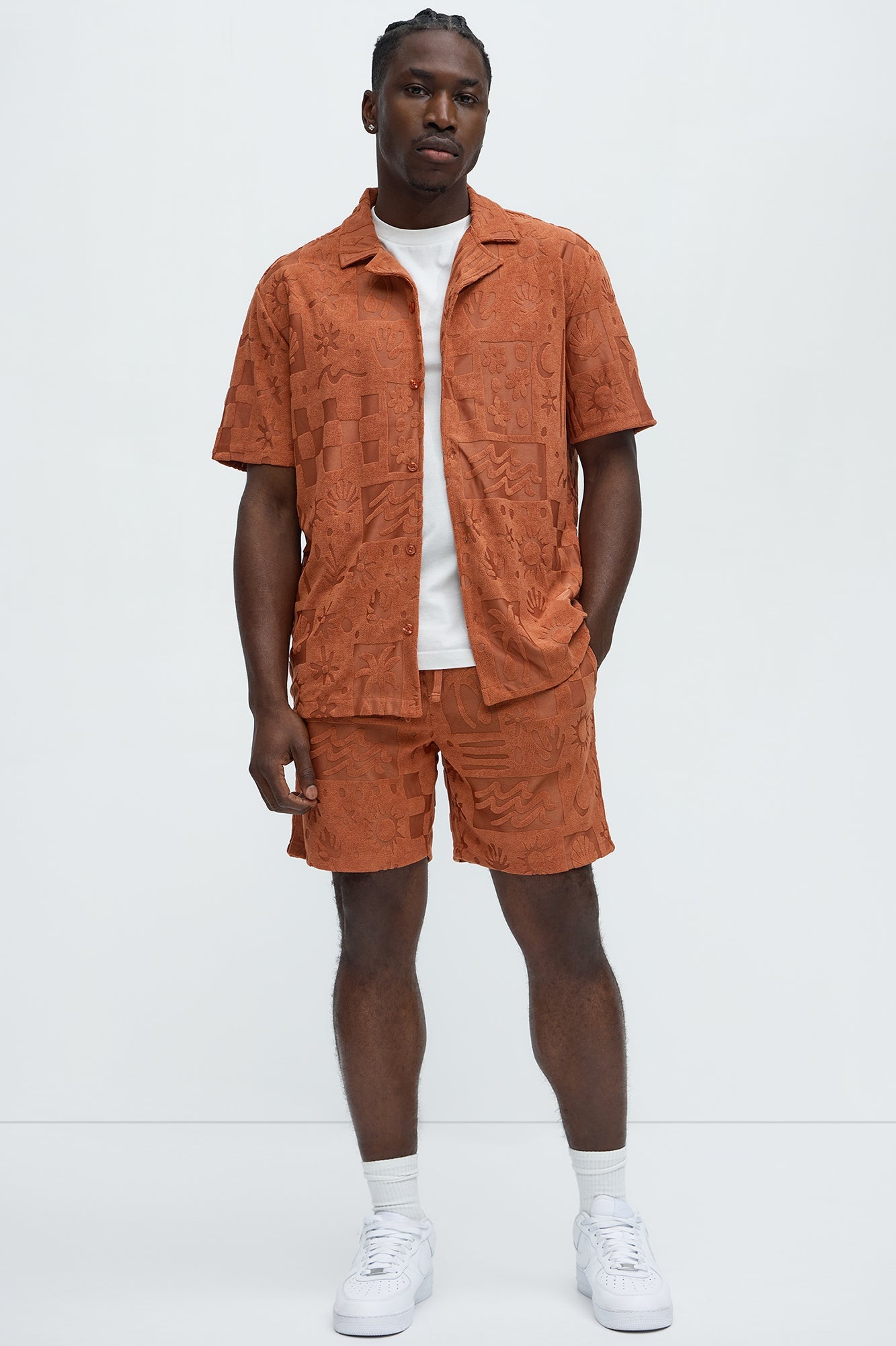 Tropical Trees Jacquard Short Sleeve Button Up Shirt - Rust