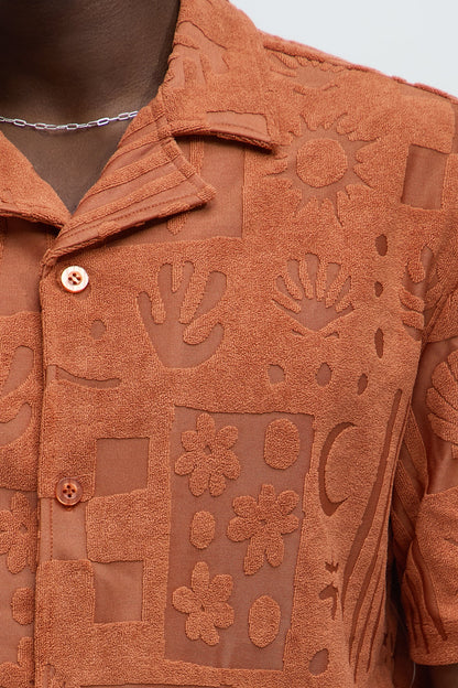 Tropical Trees Jacquard Short Sleeve Button Up Shirt - Rust