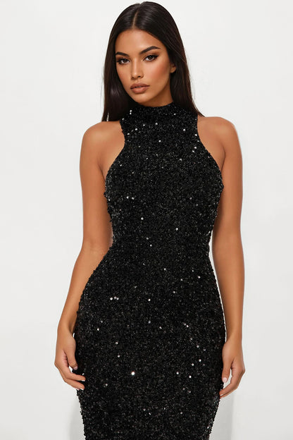 Zoey Feathered Sequin Gown - Black