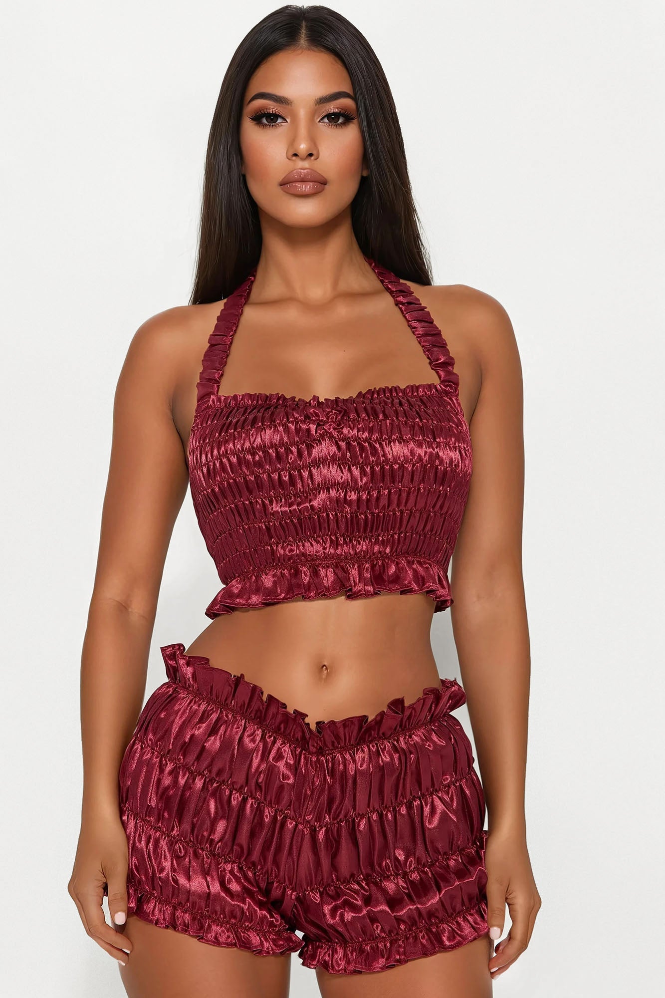 Aurora Satin Ruched Short Set - Burgundy