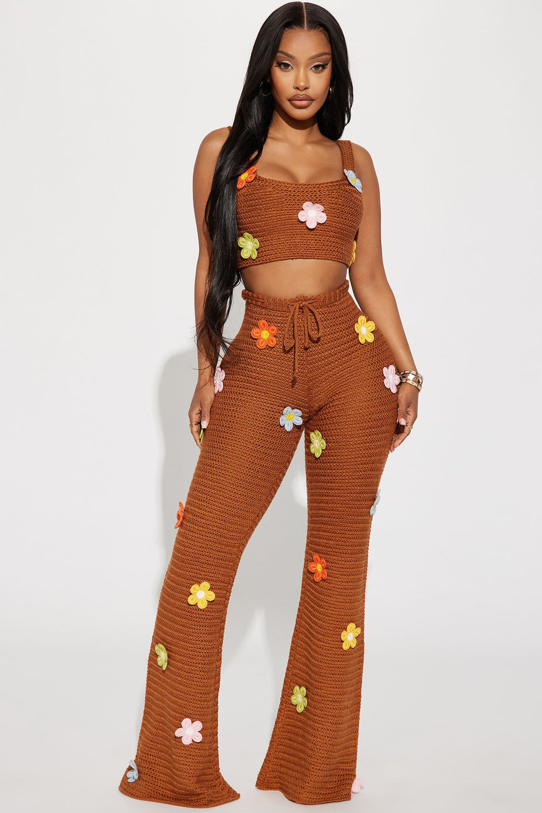 Floral Fields Crochet Pant Set - Mocha