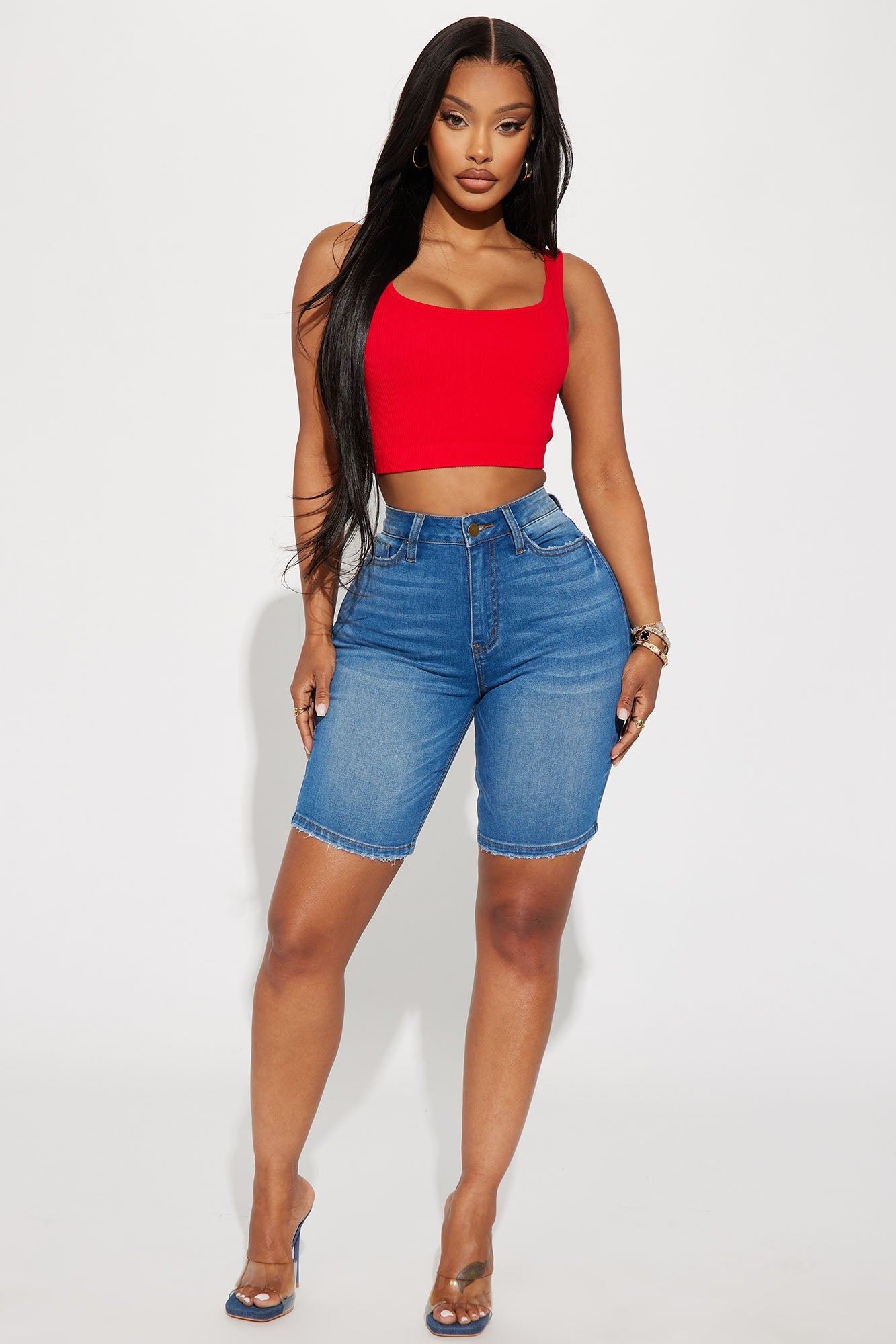 On The List Deluxe Stretch Bermuda Shorts - Medium Wash