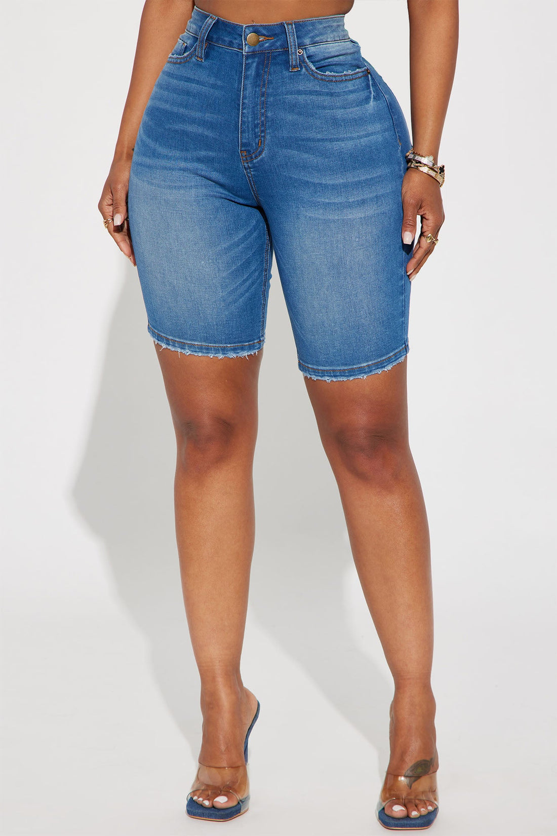 On The List Deluxe Stretch Bermuda Shorts - Medium Wash