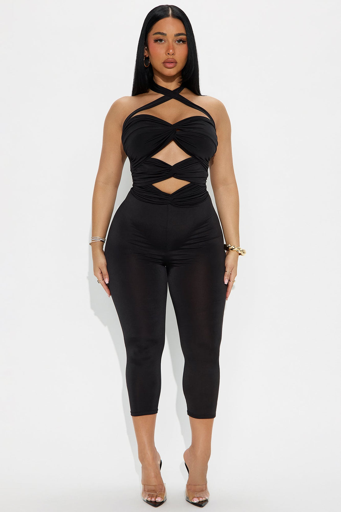 Dare Me Ruched Cut Out Halter Jumpsuit - Black