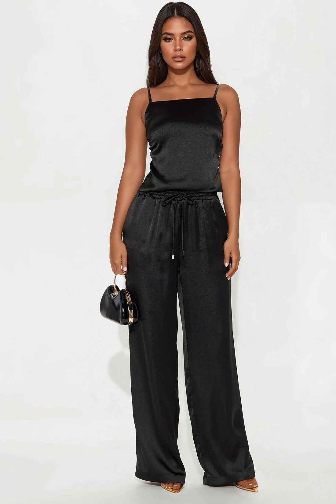 Take A Look Satin Wide Leg Pant Set - Black