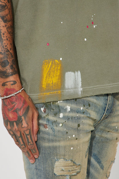 GOAT Paint Splatter Oversized Short Sleeve Tee - Olive