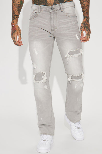 Ripped Stacked Skinny Flare Jeans - Grey