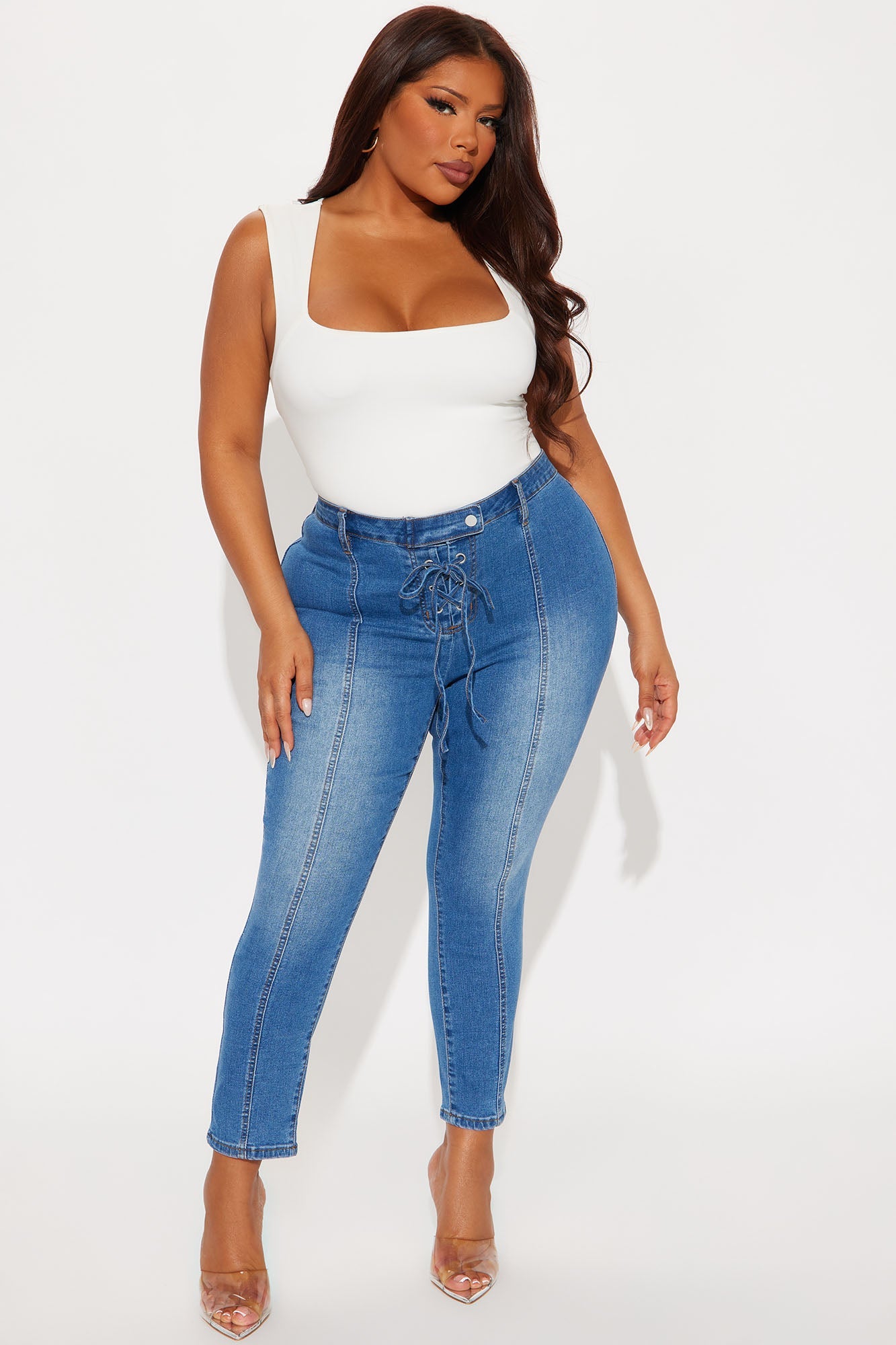 Bossa Nova Lace Up Capri Denim Jeans - Medium Wash