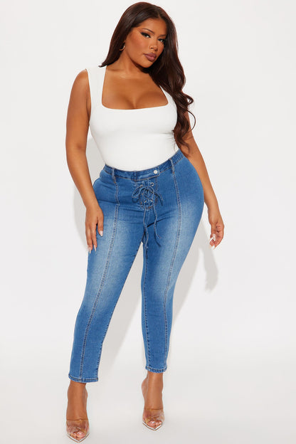 Bossa Nova Lace Up Capri Denim Jeans - Medium Wash