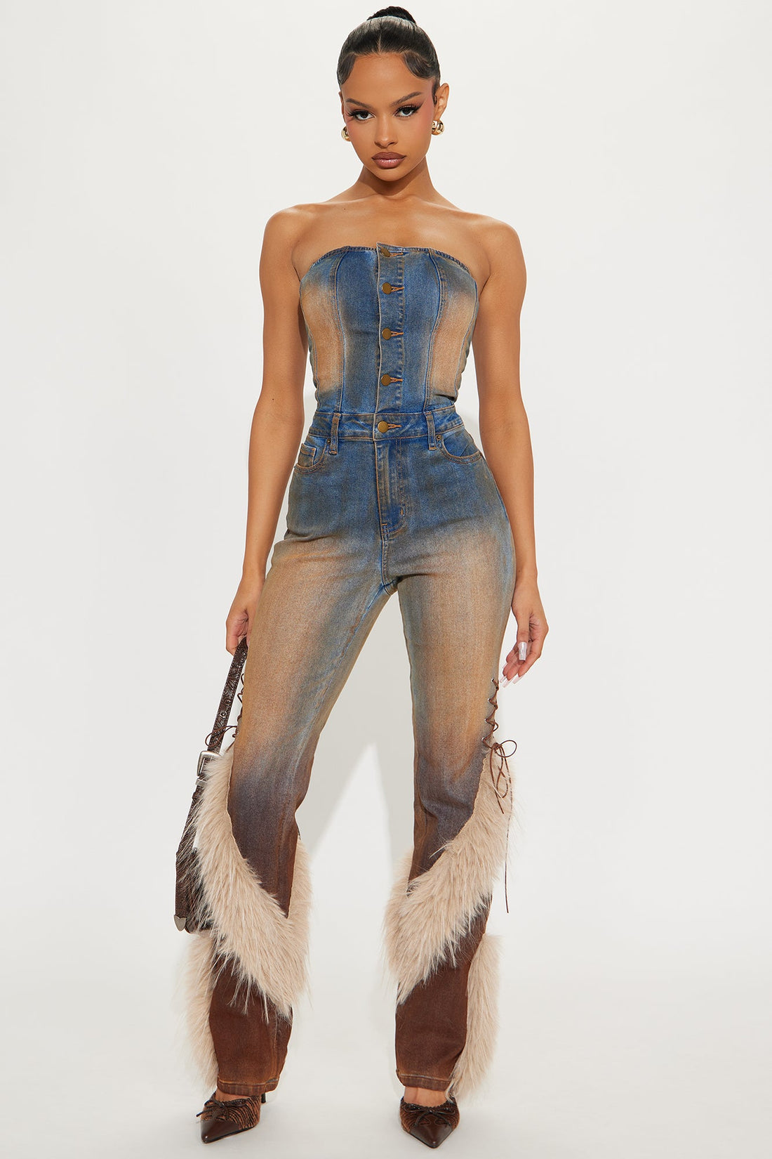 Current Mood Lace Up Faux Fur Denim Jumpsuit - Medium Wash