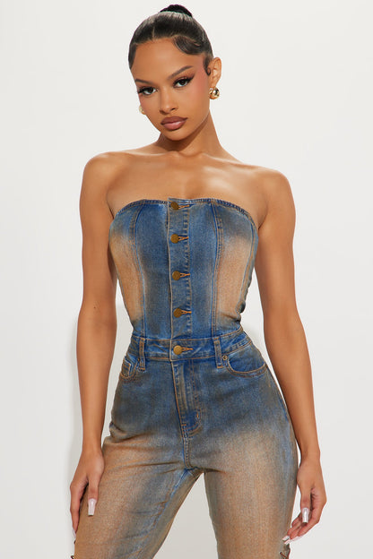 Current Mood Lace Up Faux Fur Denim Jumpsuit - Medium Wash