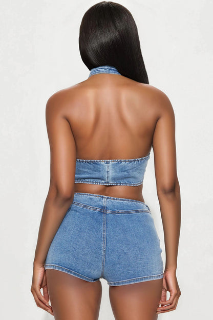Kayla Denim Micro Short Set - Light Wash