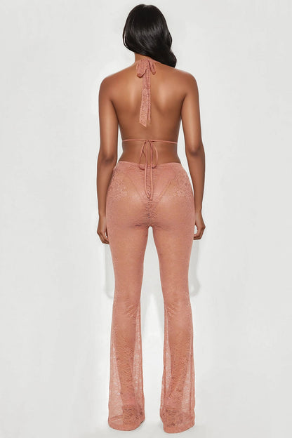 Lucky Night Lace Halter Jumpsuit - Nude