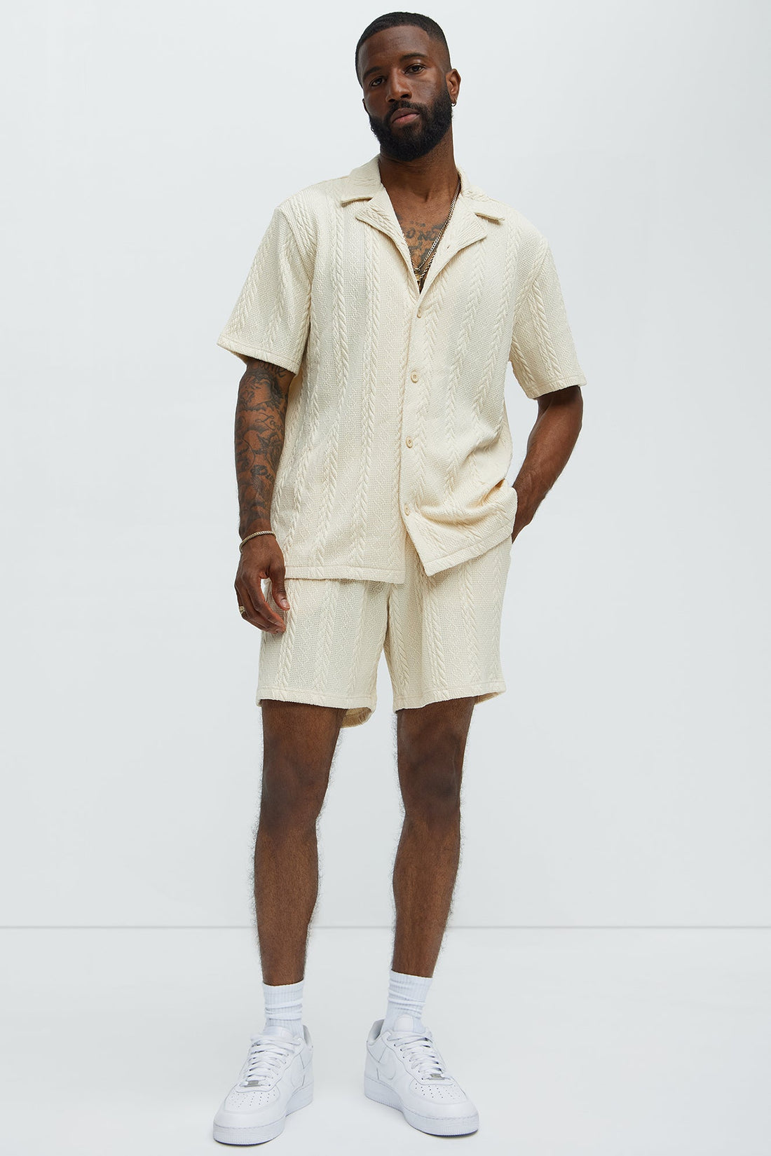 Textured Stripes Cuban Short Sleeve Button Up Shirt - Cream